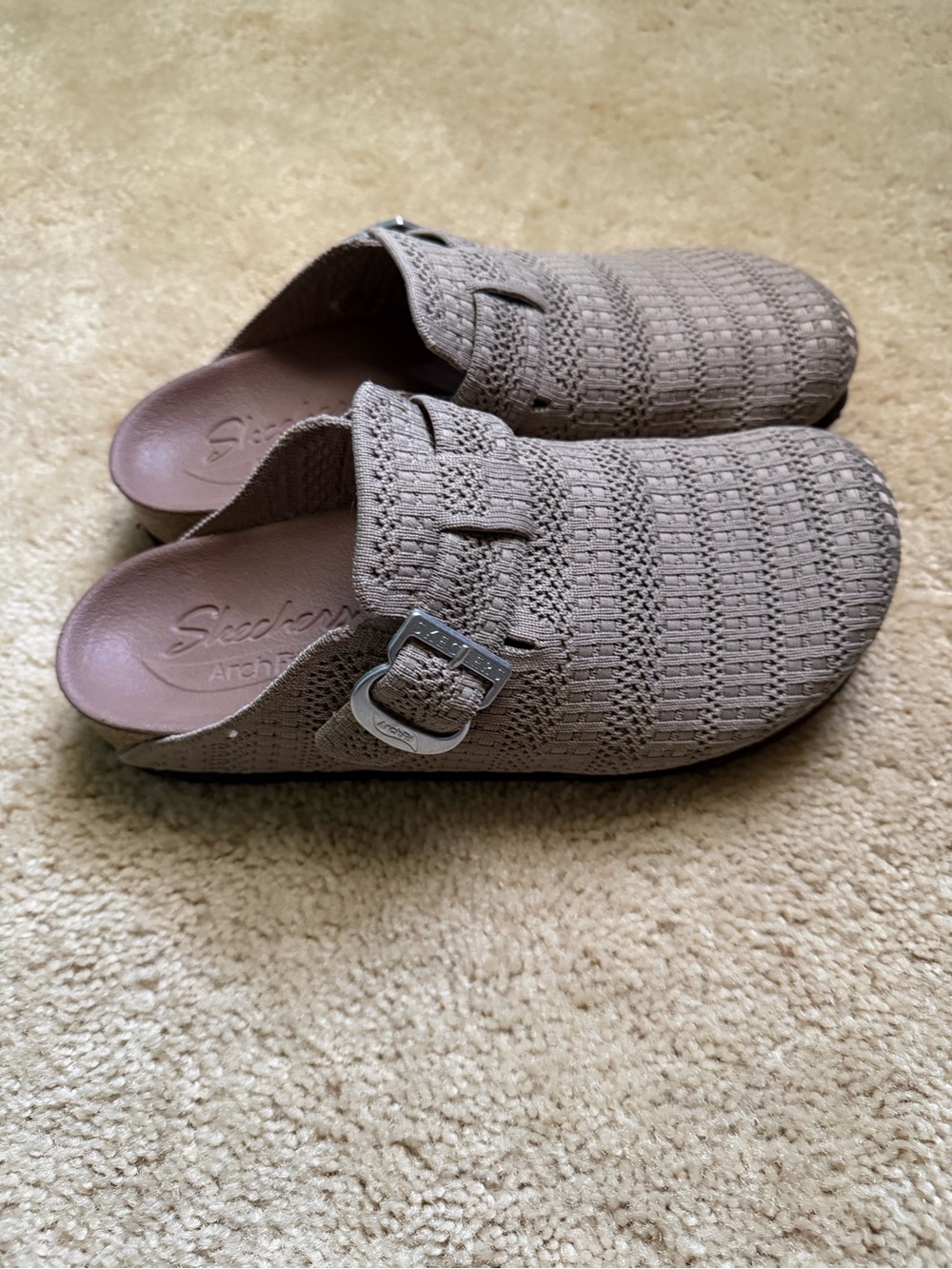 Skechers Arch Fit Taupe Knit Slip-On Clogs with Buckle
